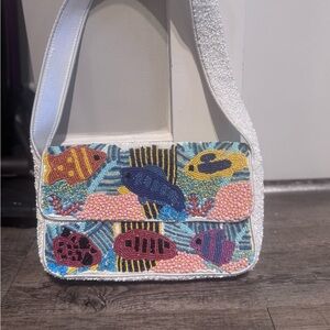 Beaded Fish Motif Shoulder Bag in White